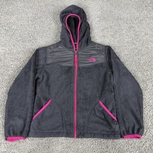 The North Face Jacket Girls Medium 10/12 Gray Hooded Fleece Full Zip Pink Trim